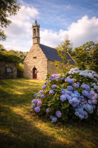 Chapelle en pierre et hortensias colorés