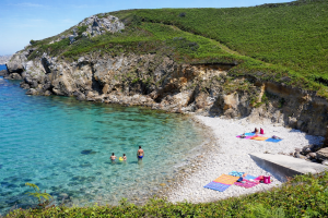 Plage tranquille sous les falaises vertes